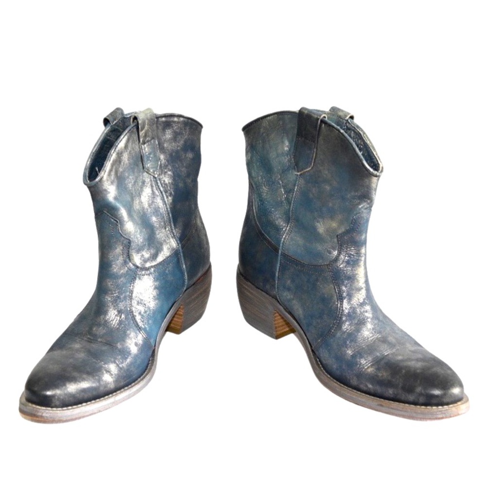 Distressed blue & silver leather cowboy booties. Vero Cuoio Leather.